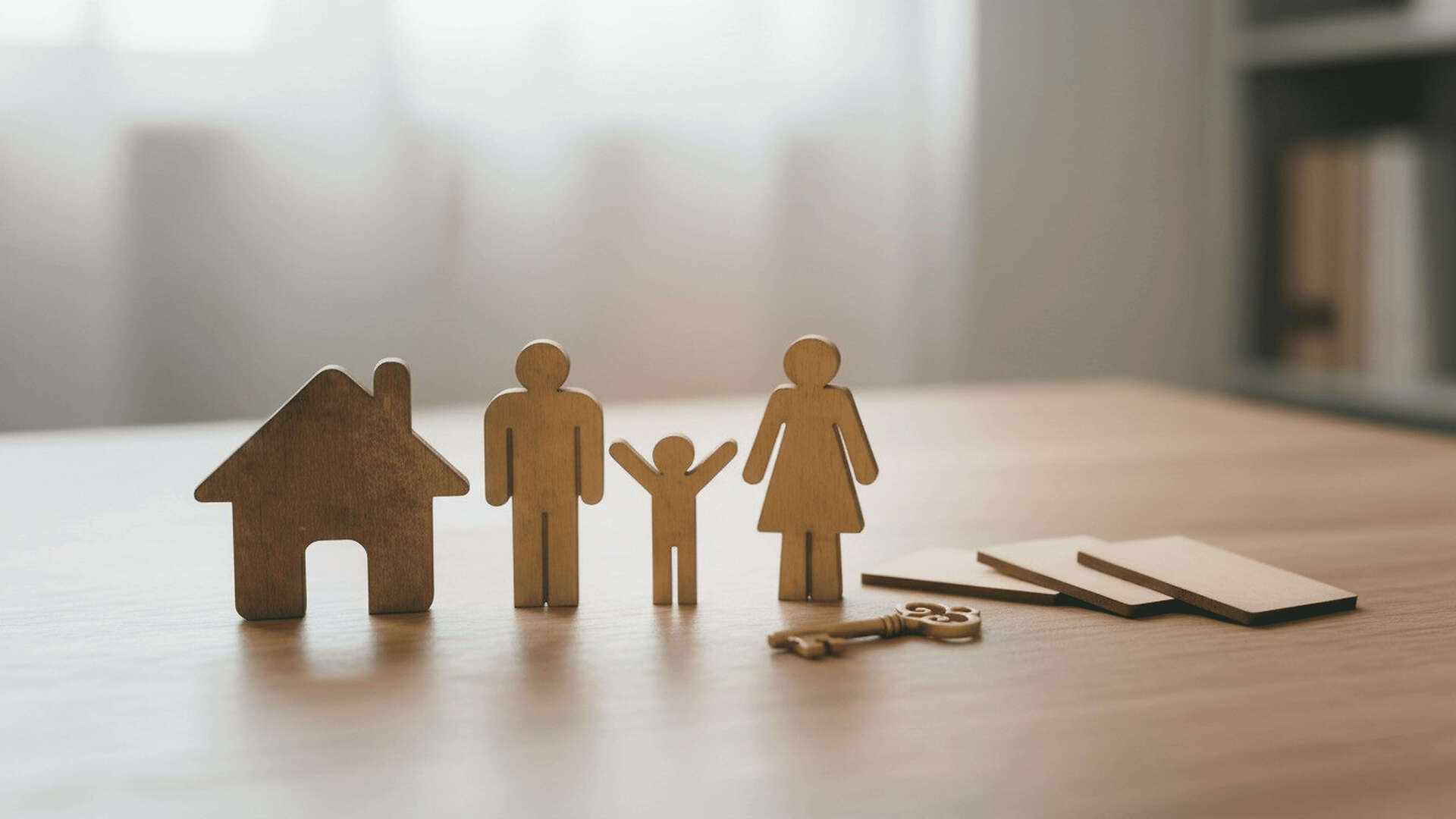 Figuras de madeira de uma casa e de uma família